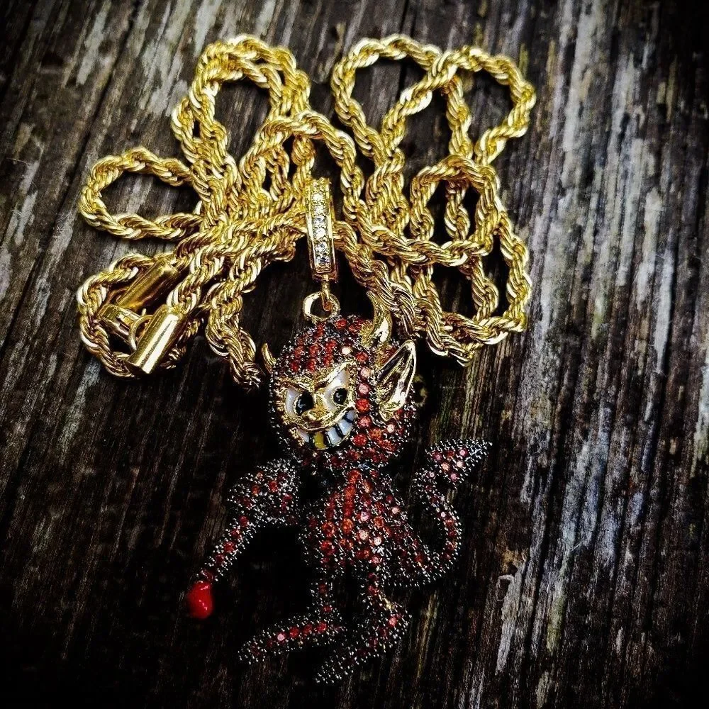 14k Gp Iced Out Lil Red Devil Necklace - Picture 2 of 3